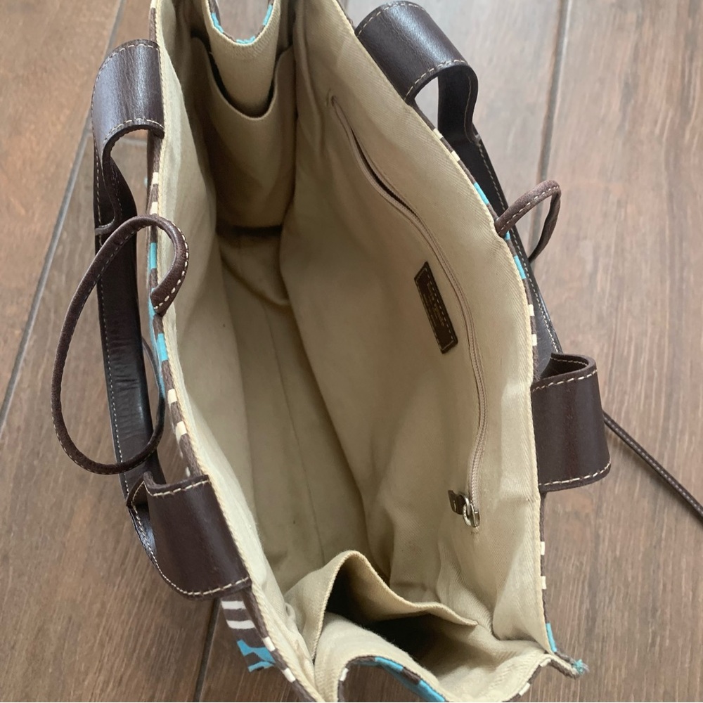 Kate Spade Blue & Brown Vertical Striped Canvas Satchel - Picture 4 of 6